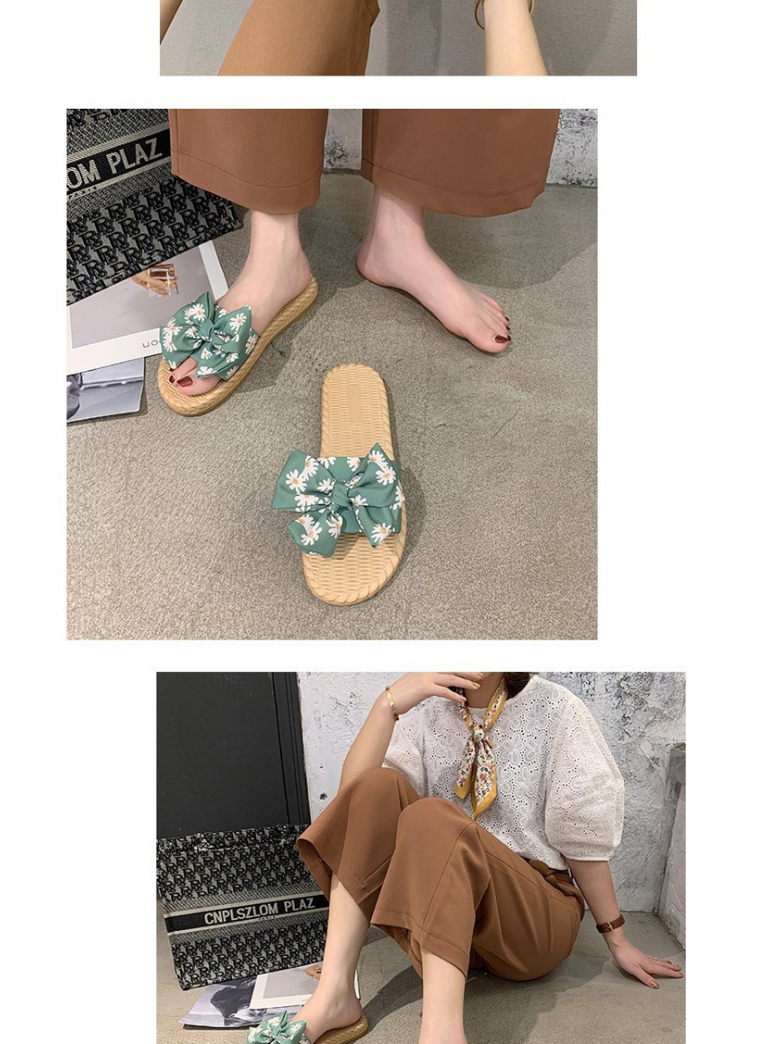 Fashion Green Floral Bowknot Flat Soft Bottom,Slippers