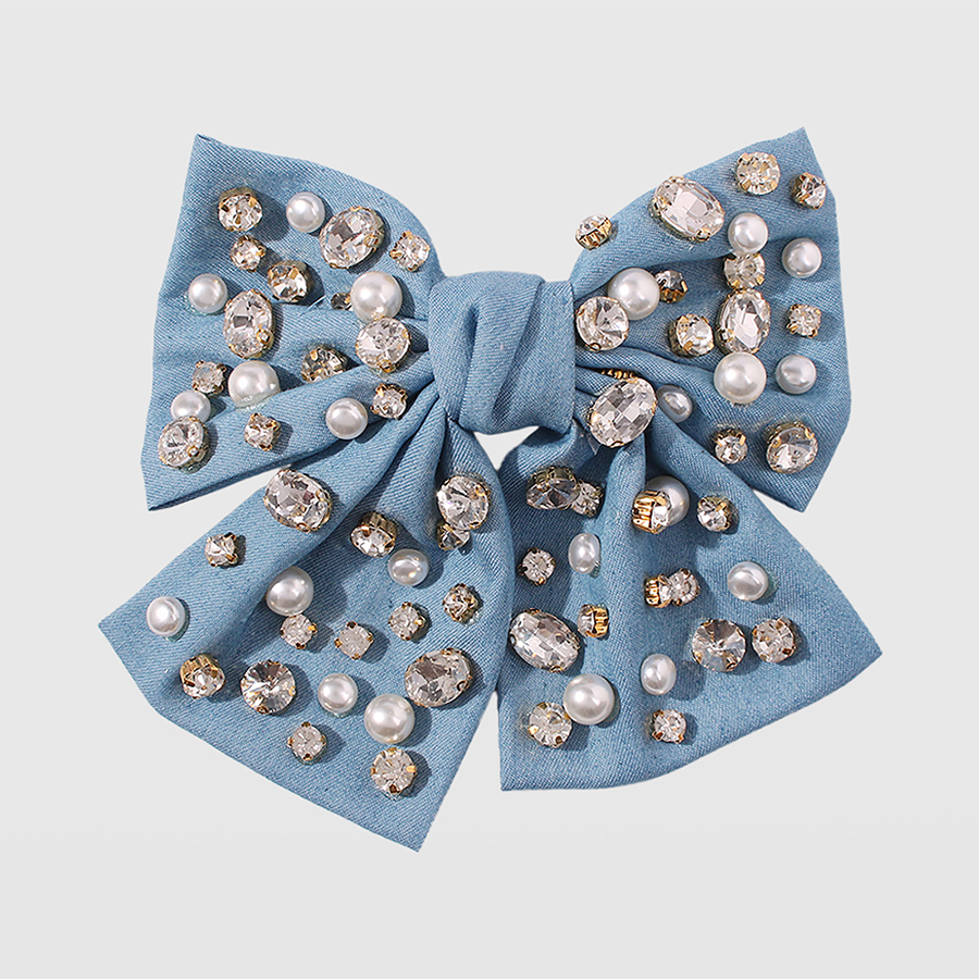 Fashion Denim Blue Fabric Alloy Diamond-studded Bow Hairpin,Hairpins