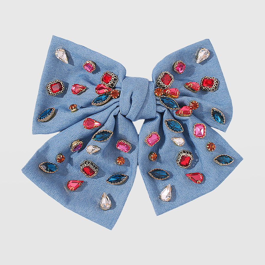 Fashion Denim Blue Fabric Alloy Diamond-studded Bow Hairpin,Hairpins