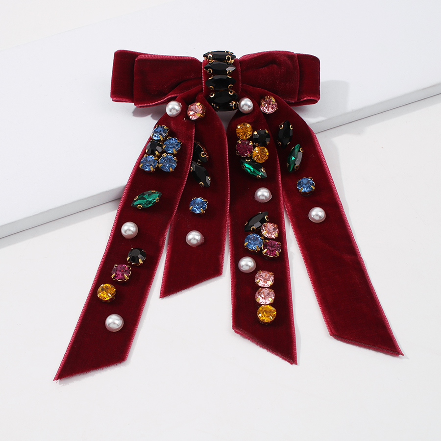 Fashion Wine Red Fabric Alloy Diamond-studded Bow Hairpin,Hairpins
