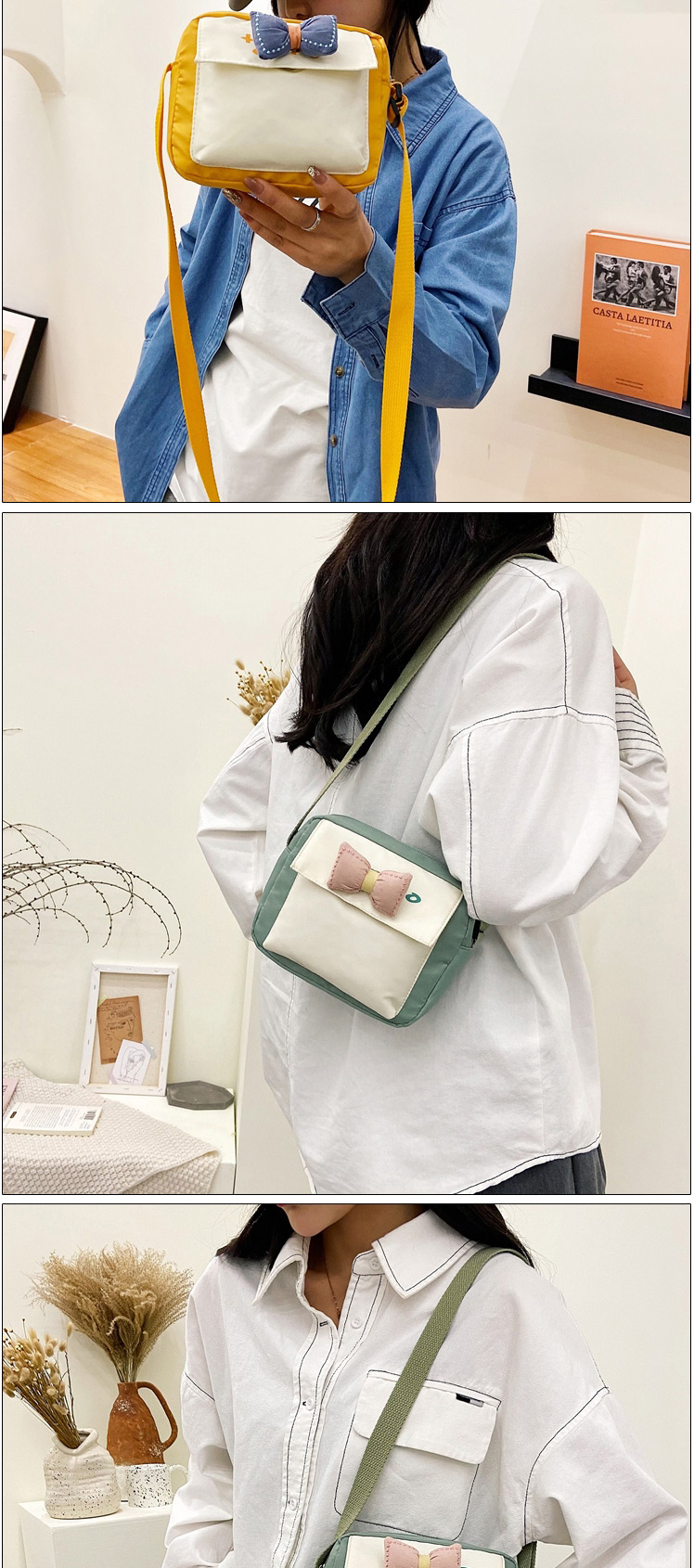 Fashion Light Green Canvas Crossbody Bow Shoulder Bag (bow Color Random),Messenger bags