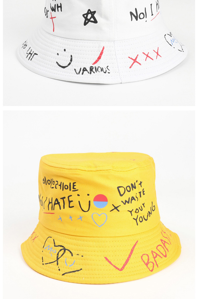 Fashion Yellow Love Smiley Letters Graffiti Print Fisherman Hat,Sun Hats