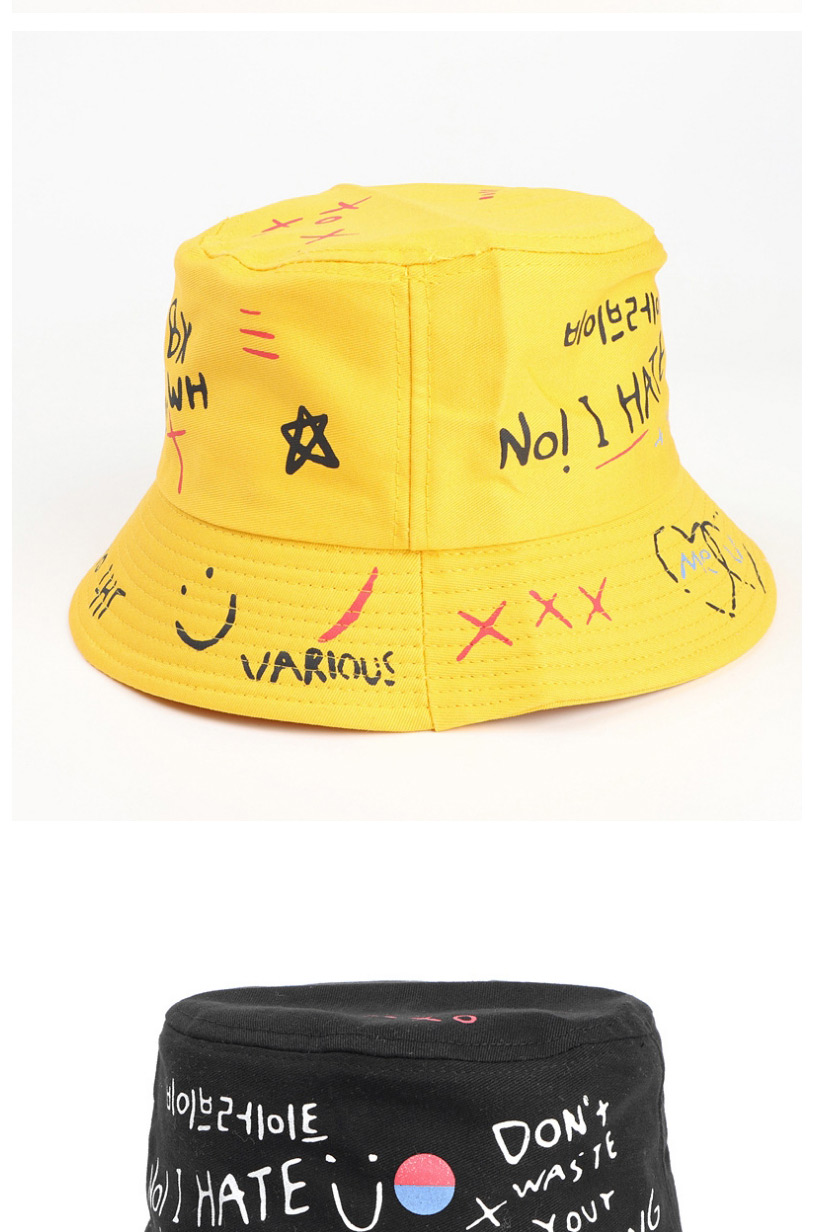 Fashion Yellow Love Smiley Letters Graffiti Print Fisherman Hat,Sun Hats