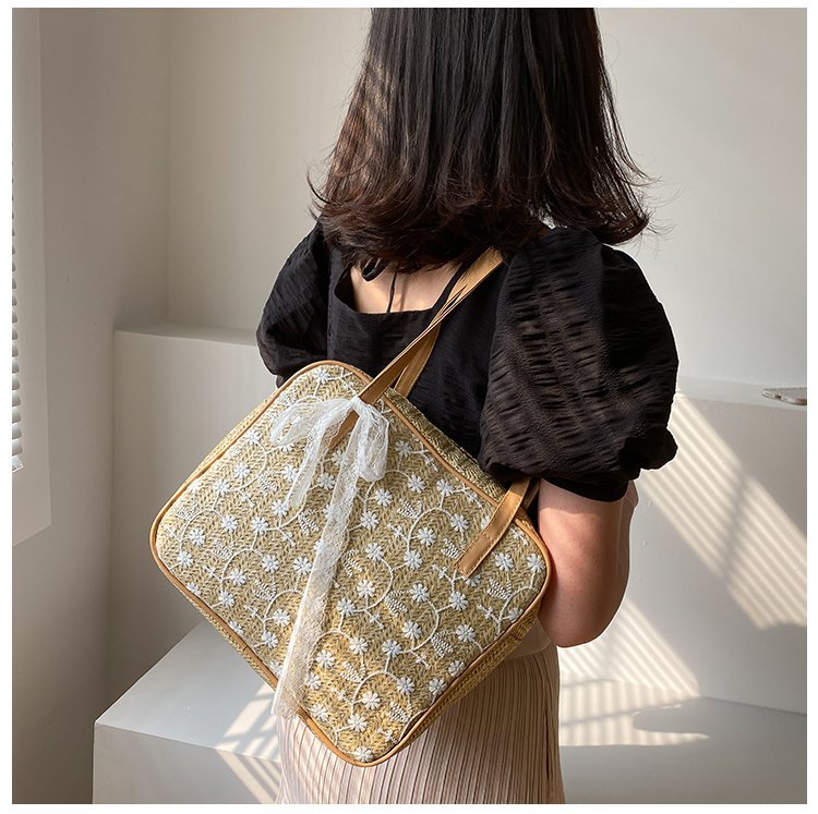 Fashion Khaki Straw Flower Lace Strap Handbag,Handbags