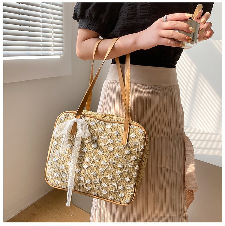 Fashion Khaki Straw Flower Lace Strap Handbag,Handbags