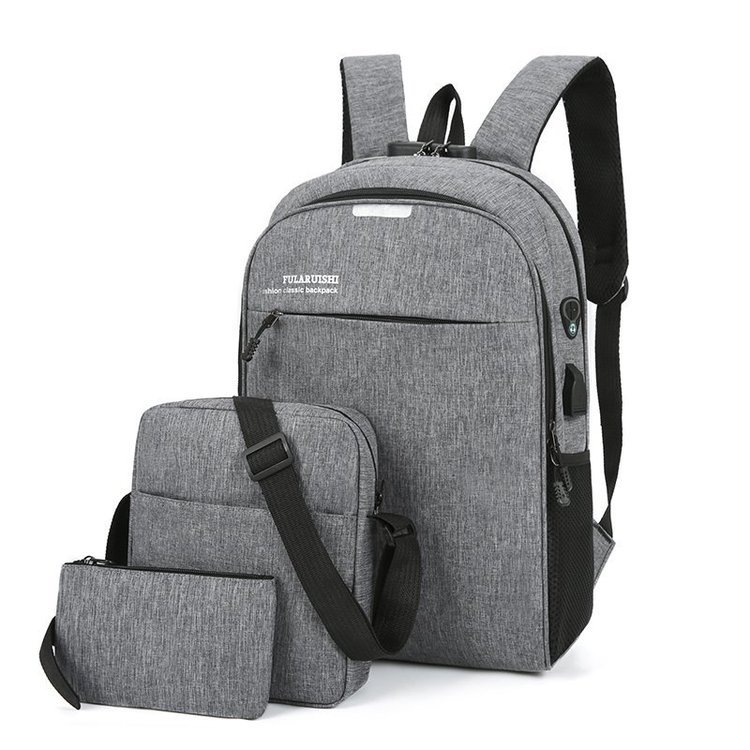 Fashion Gray Three-piece Usb Charging Backpack Computer Bag,Backpack