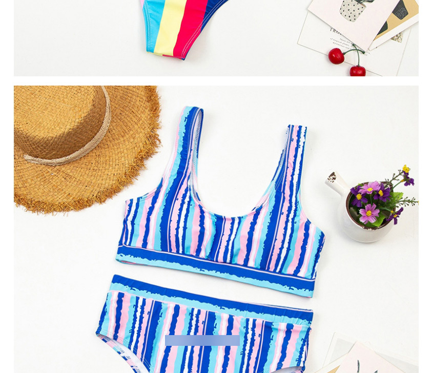 Fashion Color Bar Multicolor Striped High Waist Split Swimsuit,Bikini Sets