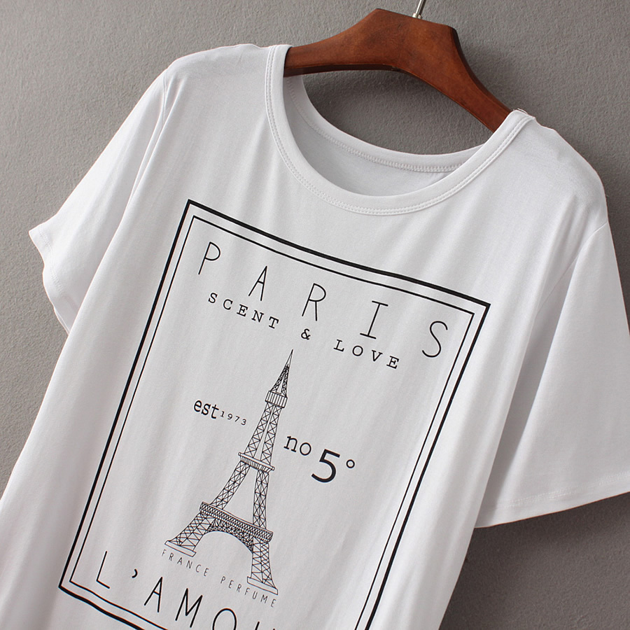 Fashion White Eiffel Tower Print Round Neck Short-sleeved T-shirt,Tank Tops & Camis