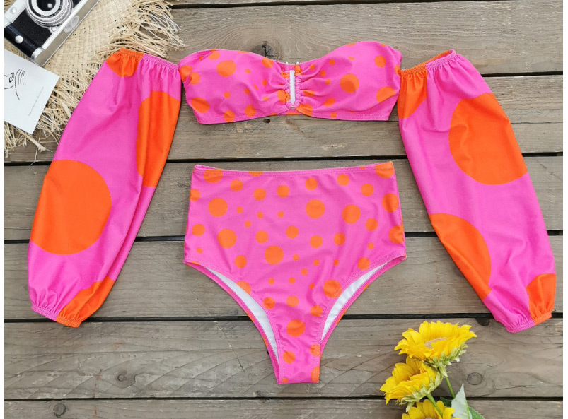 Fashion Orange Wave Point Foundation Detachable Long Sleeve Pleated Swimsuit Split,Bikini Sets