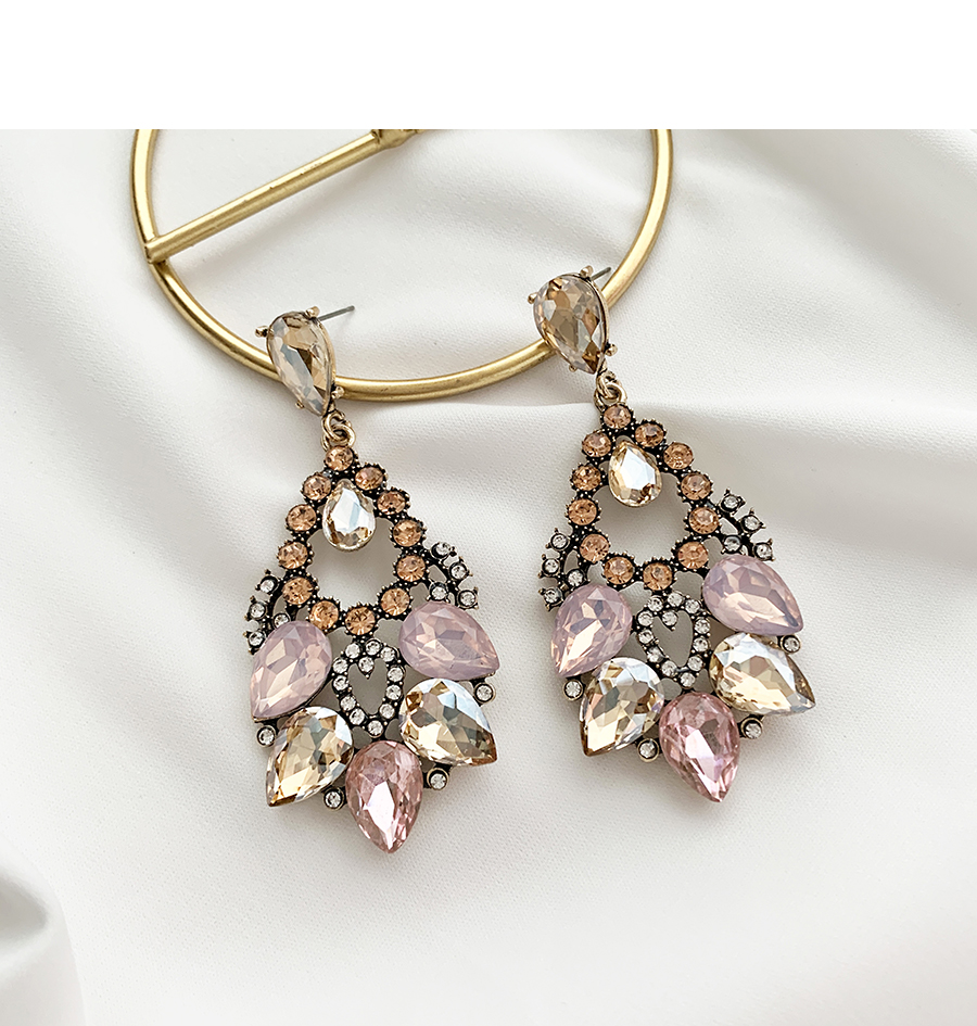 Fashion Champagne Pink Alloy Diamond Geometric Hollow Stud Earrings,Drop Earrings