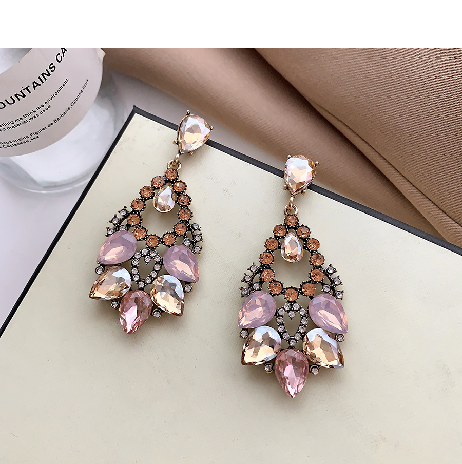 Fashion Champagne Pink Alloy Diamond Geometric Hollow Stud Earrings,Drop Earrings