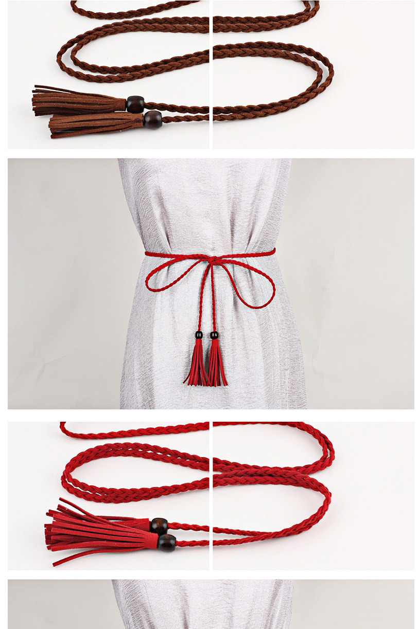 Fashion Camel Thin Leather Belt Wooden Bead Super Long Tassel Waist Rope,Thin belts