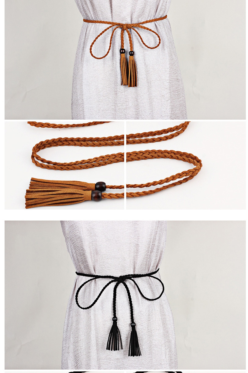 Fashion Camel Thin Leather Belt Wooden Bead Super Long Tassel Waist Rope,Thin belts