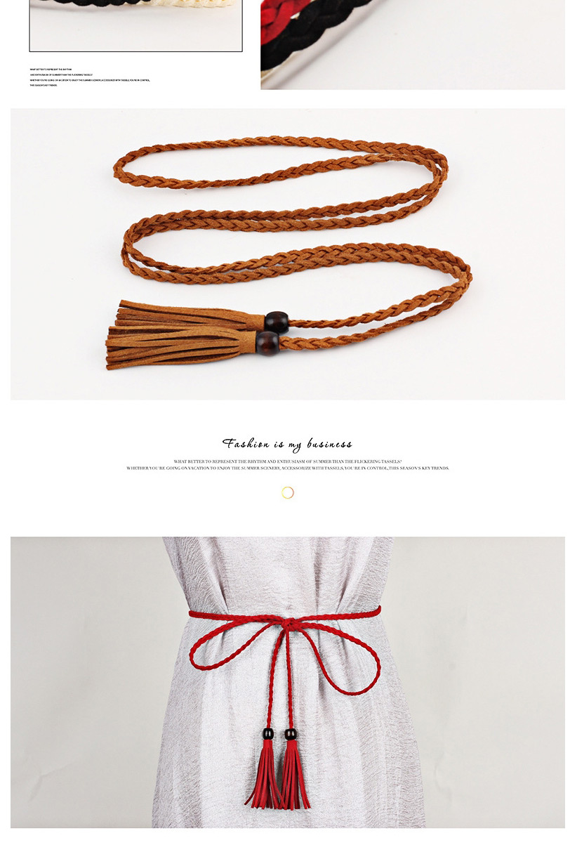 Fashion Beige Thin Leather Belt Wooden Bead Super Long Tassel Waist Rope,Thin belts