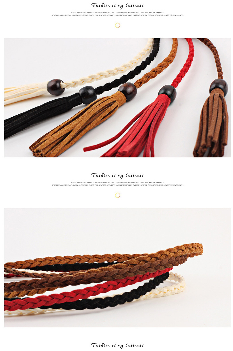 Fashion Coffee Thin Leather Belt Wooden Bead Super Long Tassel Waist Rope,Thin belts