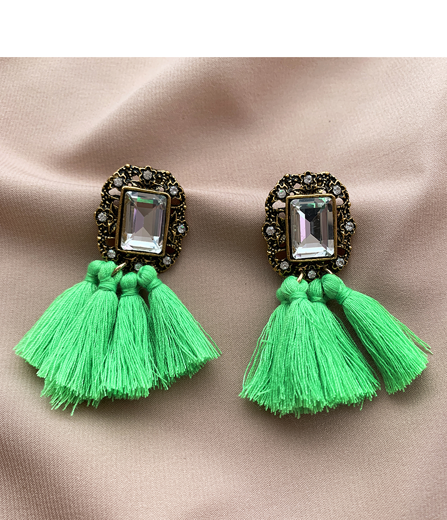Fashion Green Alloy Diamond Square Cotton Thread Tassel Stud Earrings,Drop Earrings