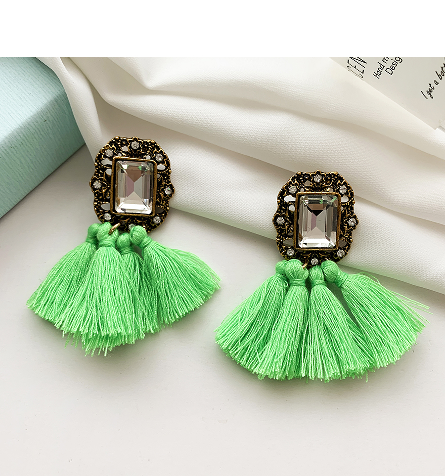 Fashion Green Alloy Diamond Square Cotton Thread Tassel Stud Earrings,Drop Earrings