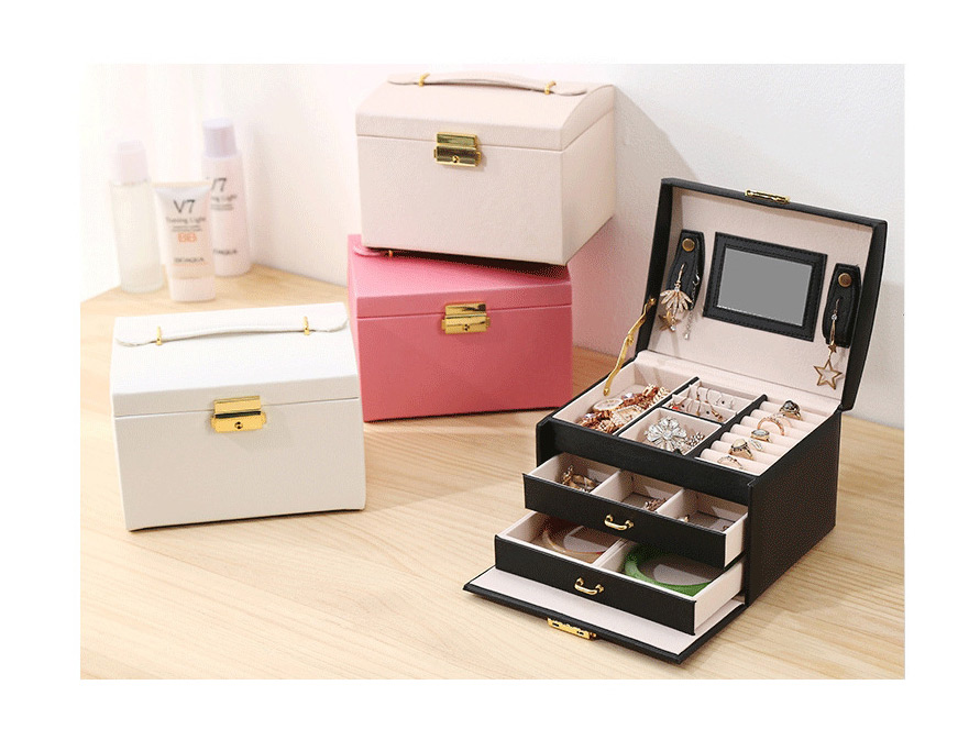 Fashion Cherry Blossom Powder Three-layer Pu Leather Double Drawer Jewelry Box,Jewelry Packaging & Displays
