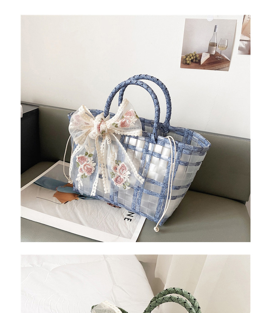 Fashion Haze Blue Transparent Woven Check Bow Lace Handbag,Handbags