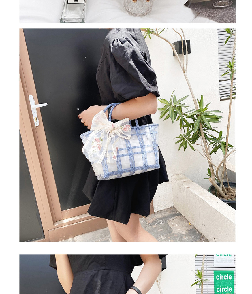 Fashion Haze Blue Transparent Woven Check Bow Lace Handbag,Handbags