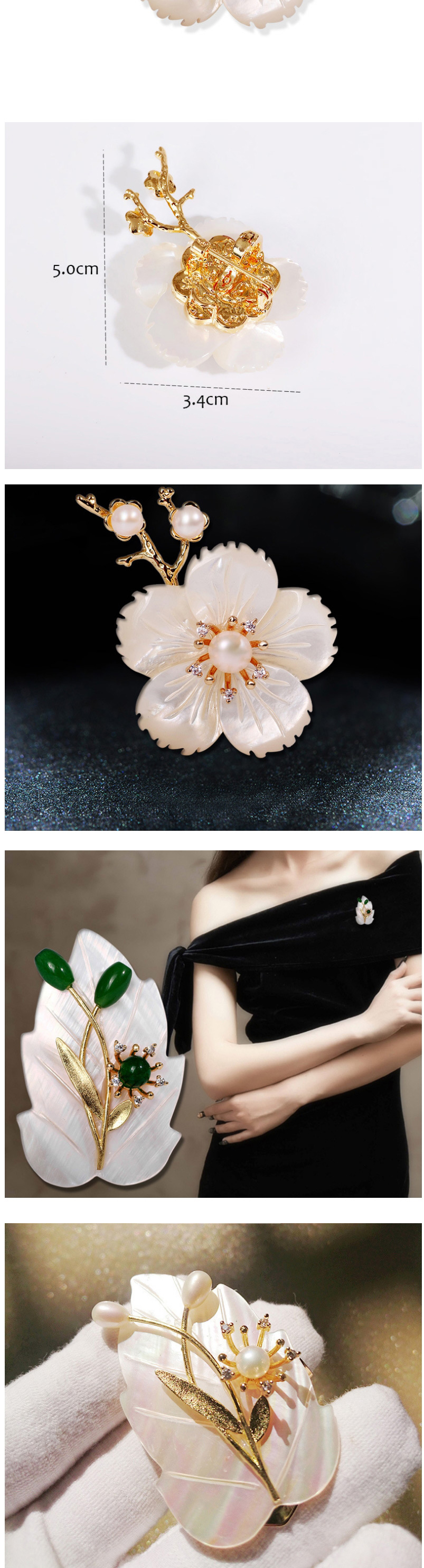 Fashion Gold Color Chalcedony Flower Shell Green Chalcedony Brooch,Fashion Brooches