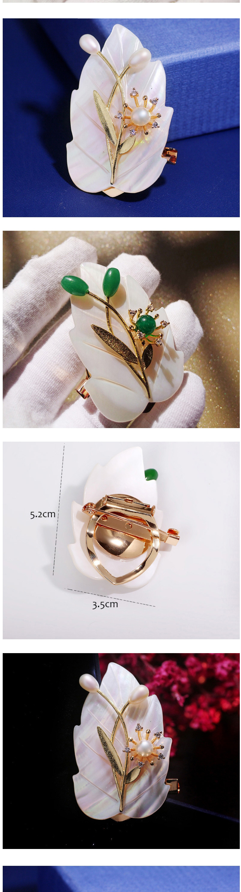 Fashion Gold Color Chalcedony Flower Shell Green Chalcedony Brooch,Fashion Brooches
