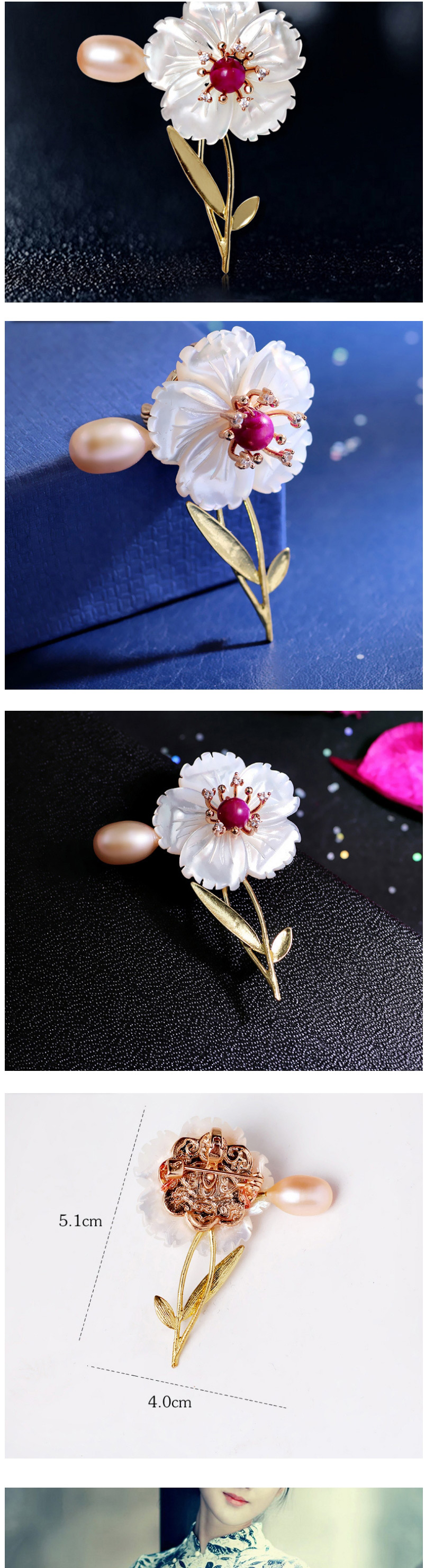 Fashion Gold Color White Natural Freshwater Pearl Flower Shell Green Chalcedony Brooch,Fashion Brooches