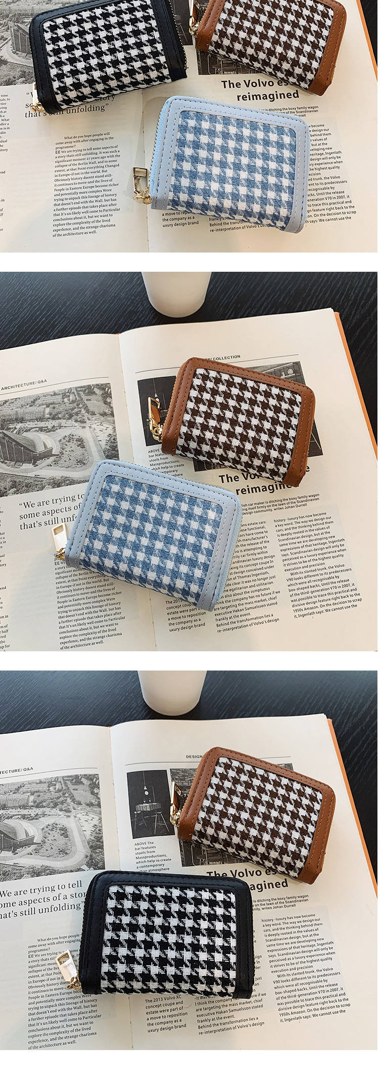 Fashion Blue Short Houndstooth Folding Coin Purse,Wallet