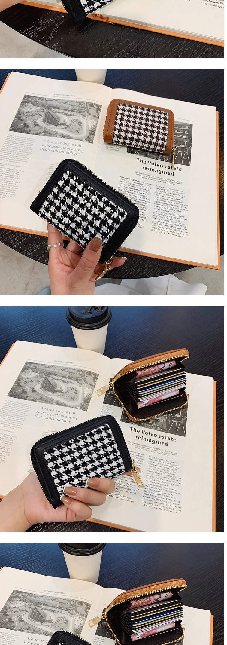 Fashion Brown Short Houndstooth Folding Coin Purse,Wallet
