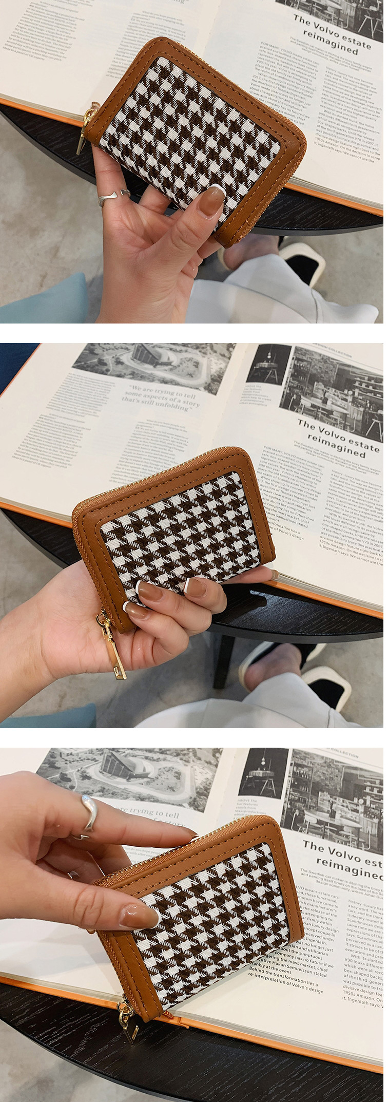 Fashion Brown Short Houndstooth Folding Coin Purse,Wallet