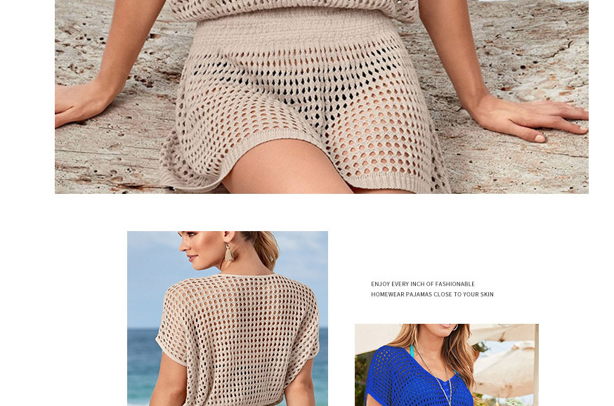 Fashion Coffee Color V-neck Mesh Cutout Knit Outer Blouse,Sunscreen Shirts