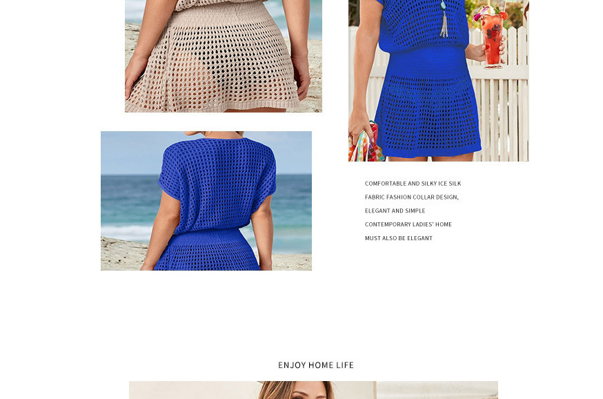 Fashion Blue V-neck Mesh Cutout Knit Outer Blouse,Sunscreen Shirts