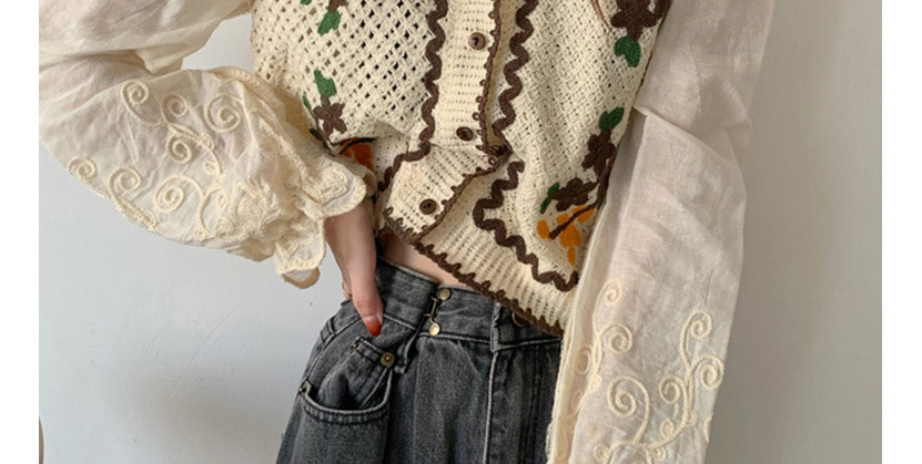Fashion Coffee Color V-neck Embroidered Knitted Cardigan,Tank Tops & Camis