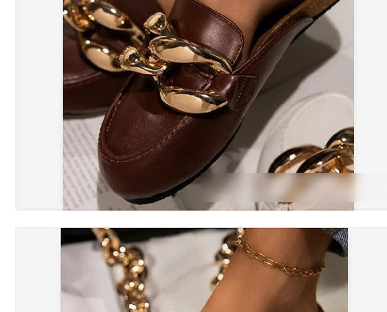 Fashion Dark Brown Flat Metal Chain Sandals,Slippers
