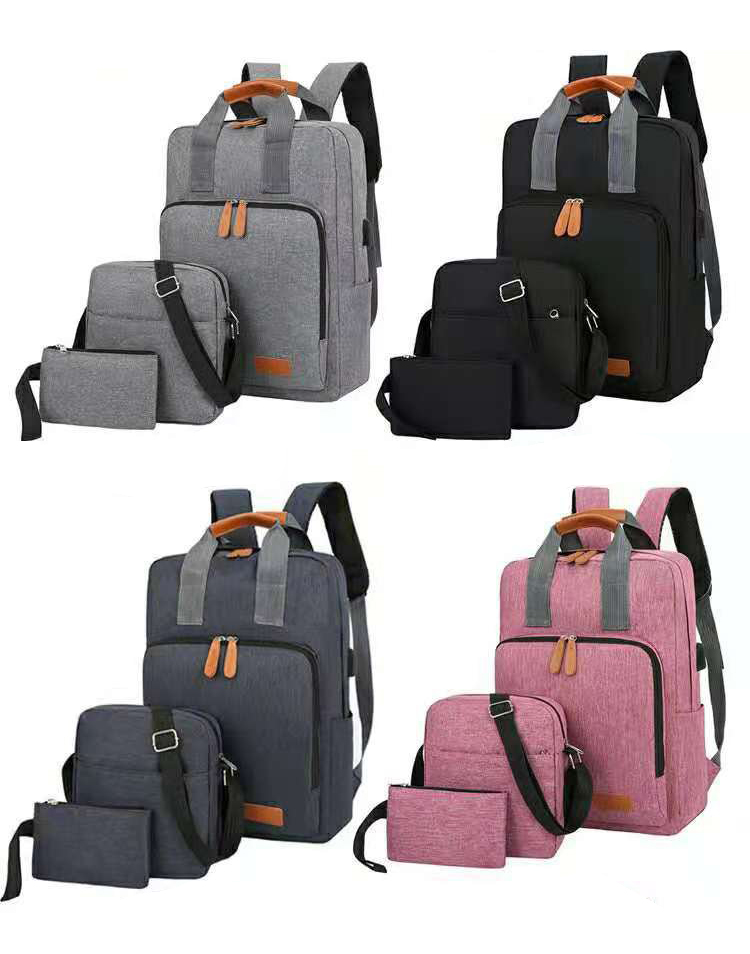 Fashion Gray Three-piece Computer Backpack With Nylon Zipper Chain With Data Cable,Backpack