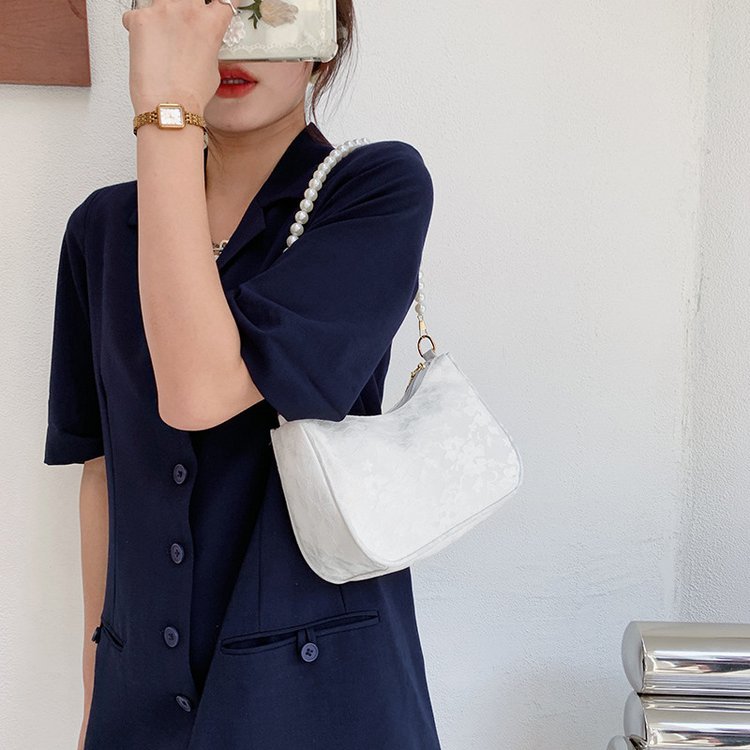 Fashion Beige Pearl Chain Embossed Shoulder Bag,Handbags