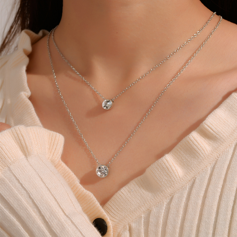 Fashion Silver Color Alloy Double-layer Inlaid Zircon Pendant Necklace,Multi Strand Necklaces