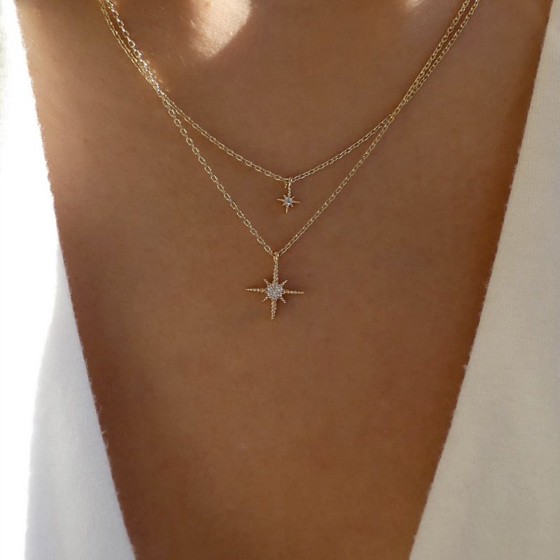 Fashion Gold Color Alloy Double Star Cross Pendant Necklace,Multi Strand Necklaces