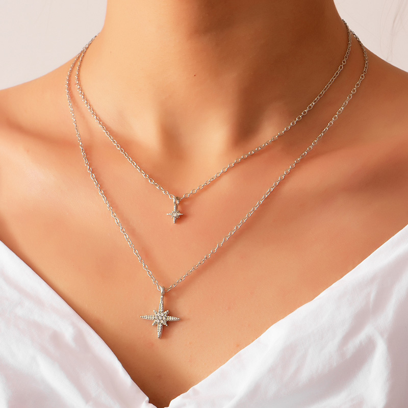 Fashion Silver Color Alloy Double Star Cross Pendant Necklace,Multi Strand Necklaces