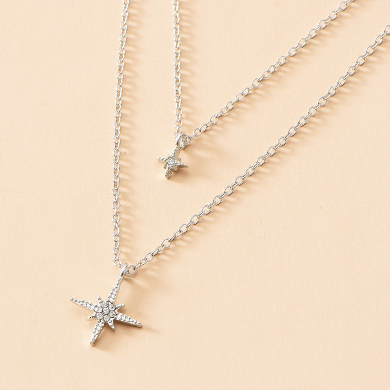 Fashion Silver Color Alloy Double Star Cross Pendant Necklace,Multi Strand Necklaces
