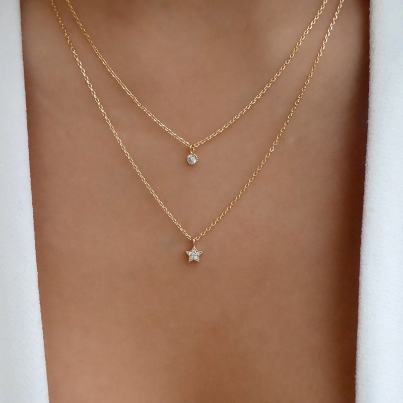 Fashion Gold Color Alloy Double Five-pointed Star Zircon Pendant Necklace,Multi Strand Necklaces