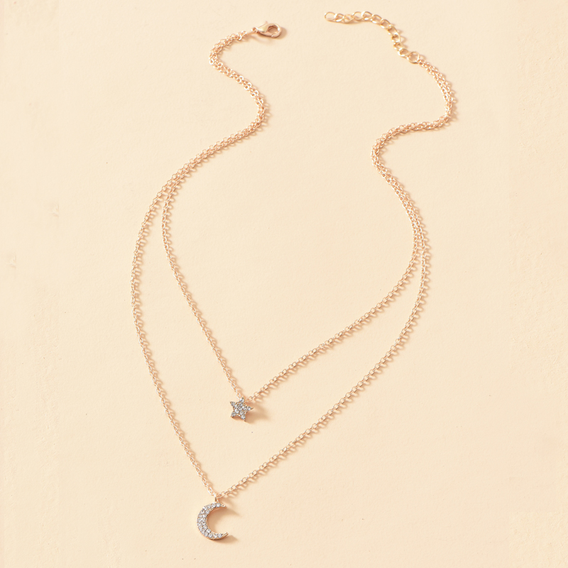 Fashion Gold Color Alloy Double Layer Crescent Star Pendant Necklace,Multi Strand Necklaces