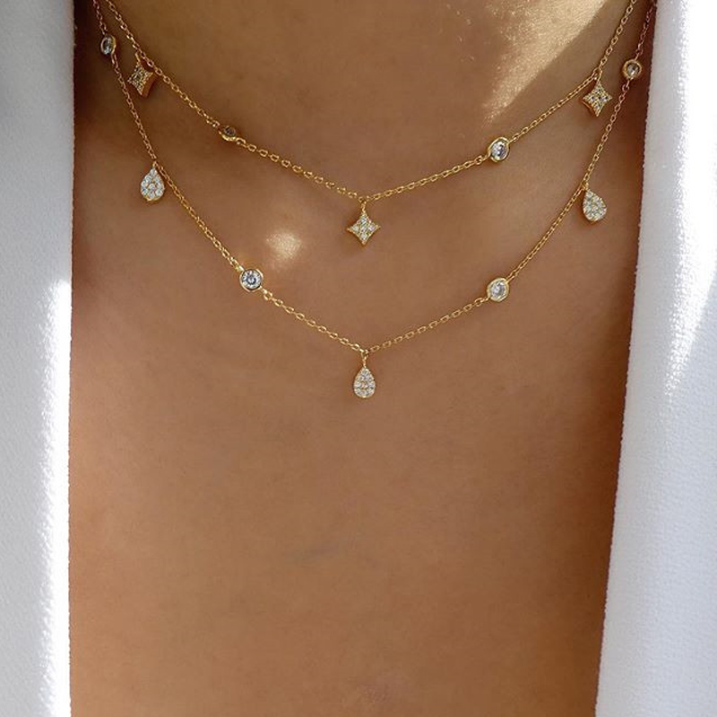 Fashion Gold Color Alloy Double Layer Star Drop Pendant Necklace,Multi Strand Necklaces
