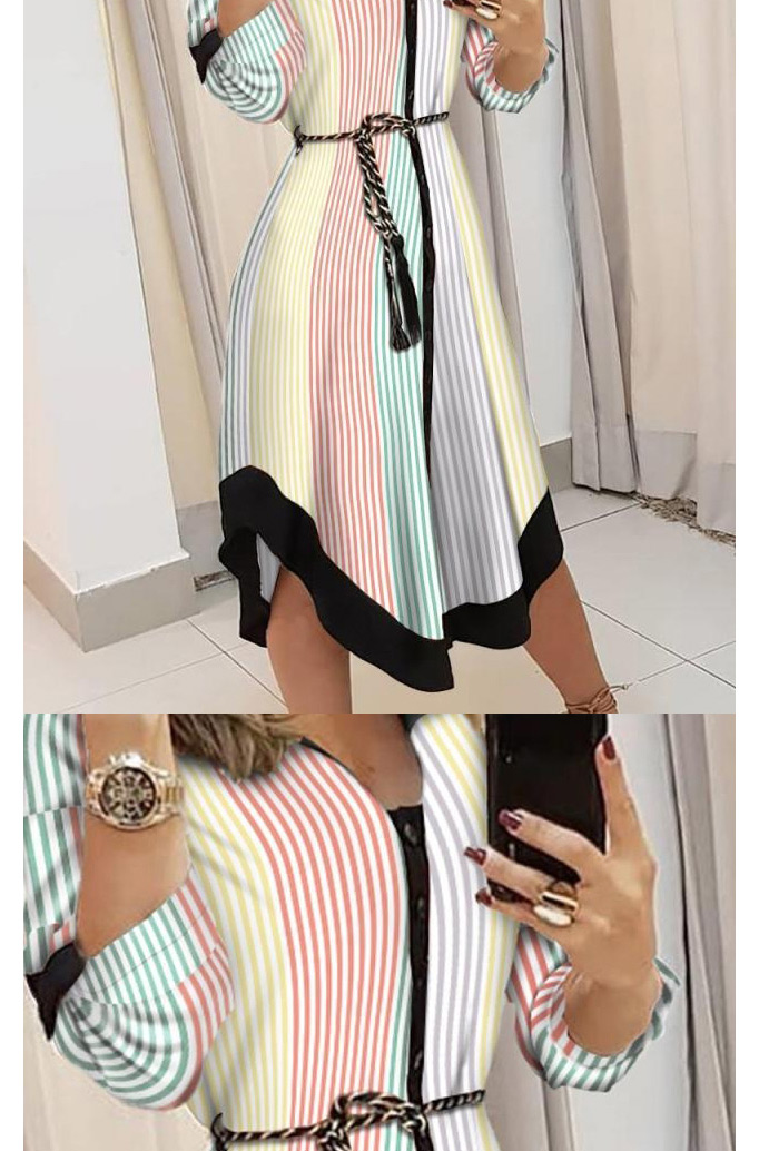 Fashion Stripe Printing Checked Contrast Tie Dress,Long Dress