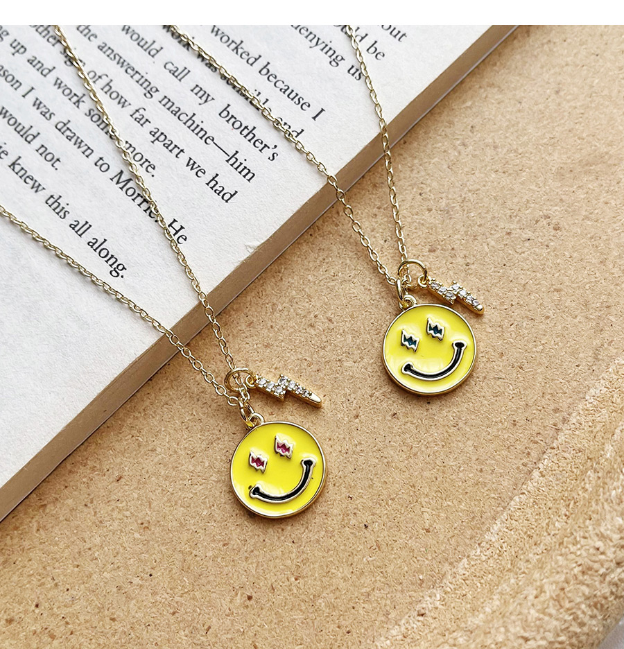 Fashion Yellow Copper Inlaid Zircon Oil Dripping Smiley Emoticon Pack Lightning Necklace,Necklaces