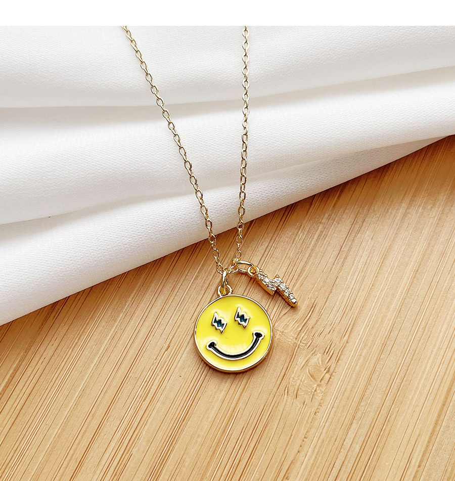 Fashion Yellow Copper Inlaid Zircon Oil Dripping Smiley Emoticon Pack Lightning Necklace,Necklaces