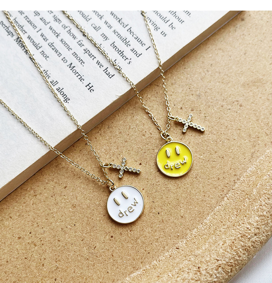 Fashion White Copper Inlaid Zircon Dripping Oil Smiley Face Pack Cross Necklace,Necklaces
