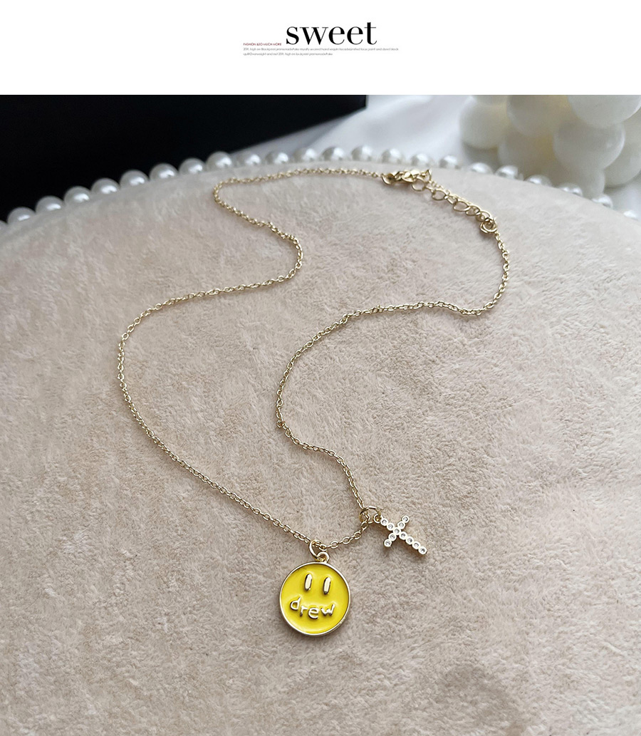 Fashion White Copper Inlaid Zircon Dripping Oil Smiley Face Pack Cross Necklace,Necklaces