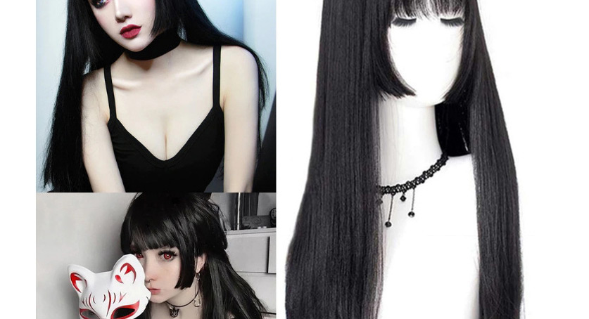 Fashion Black Black Long Straight Princess Cut Full Headgear Wig,Wigs