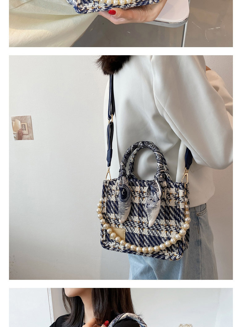Fashion Large Blue Canvas Lattice Ribbon Bow Pearl Portable Messenger Bag,Handbags